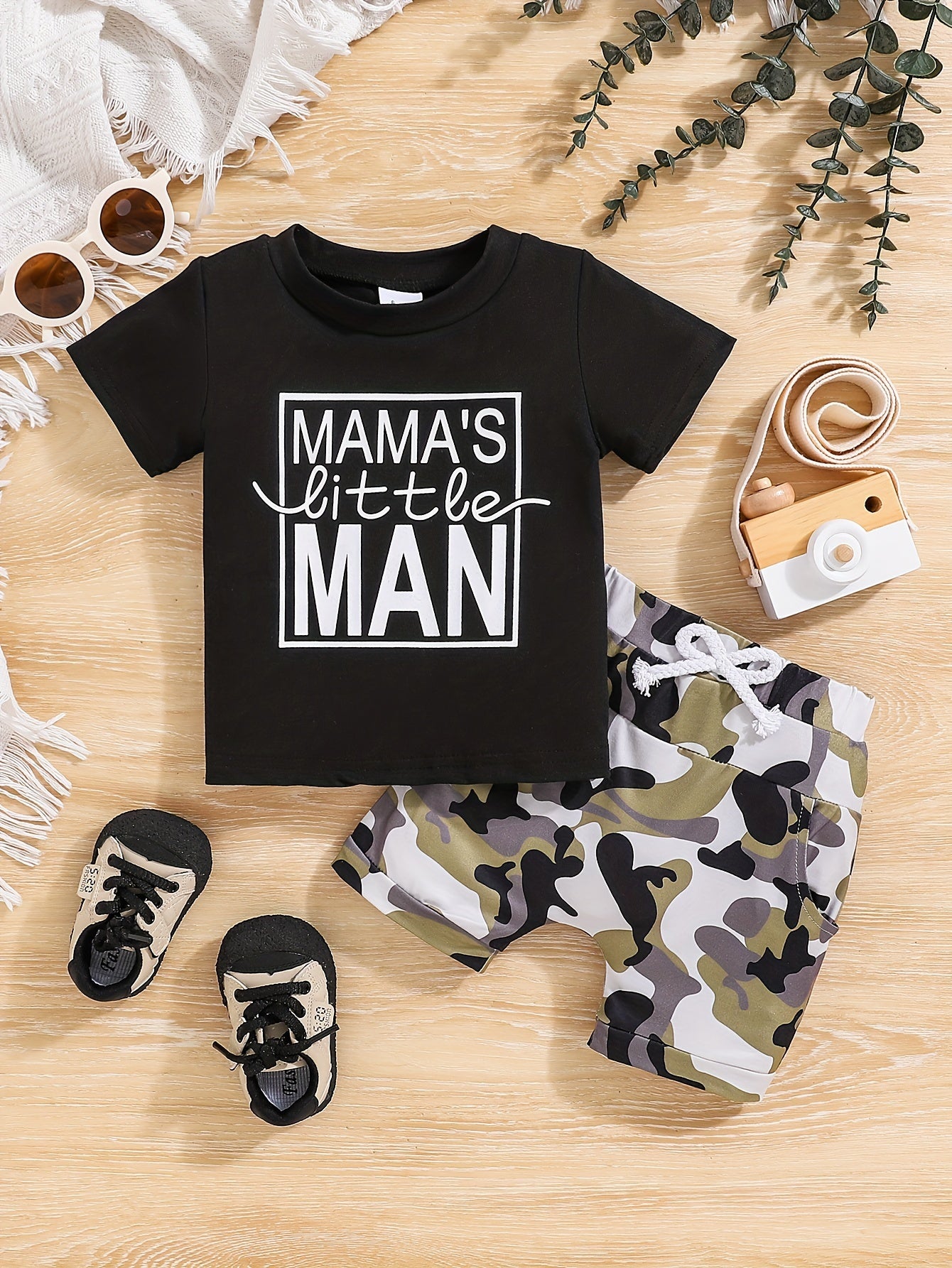 2pcs Baby Girls Boys "MAMA'S Little MAN" Print Summer Outdoor Set, T-shirt & Camo Shorts, Baby Unisex Clothing, As Gift - The world bestselling 
