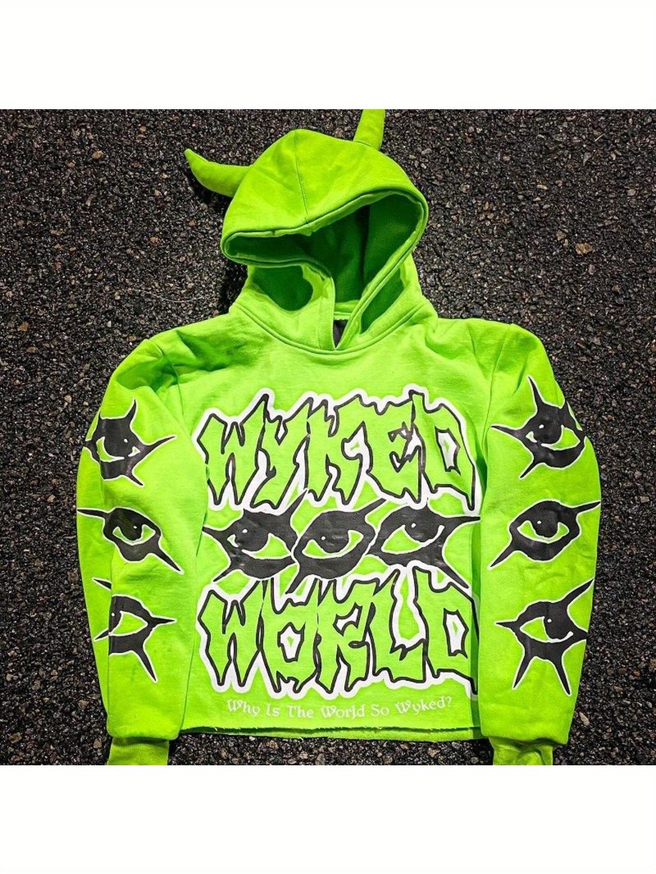 Men'S & Women'S Neon Green Hoodie - Funny Graphic Pullover Sweatshirt with Horn Hat, Loose Fit Streetwear for Cosplay, Themed Events - Harajuku Y2K Fashion Sweater, Casual Wear, Bold Print, Comfortable Fabric, Unisex Clothing - The world bestselling 