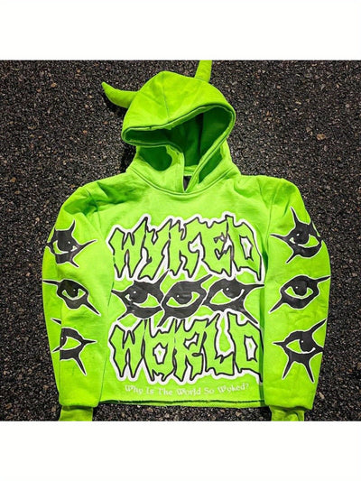Men'S & Women'S Neon Green Hoodie - Funny Graphic Pullover Sweatshirt with Horn Hat, Loose Fit Streetwear for Cosplay, Themed Events - Harajuku Y2K Fashion Sweater, Casual Wear, Bold Print, Comfortable Fabric, Unisex Clothing - The world bestselling 