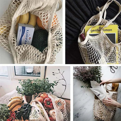 Reusable Cotton Mesh Produce Bags for Vegetable Fruit Food Kitchen Washable Grid Storage Bag Eco String bag Kitchen Organizer