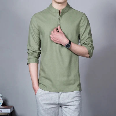 Men's Clothing  Men Spring Tops & Tees Male Fashion T-Shirts Stand Collar Long-sleeved Slim Base Shirt Homme Linen t-shirt - The world bestselling 