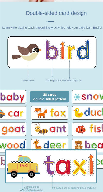 52pcs English Alphabet Spelling Word Wooden Educational Toys for Kids Baby Puzzles Montessori Games with 28pcs Learning Cards