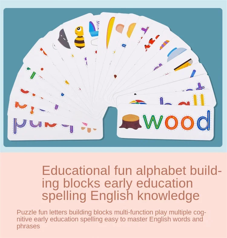 52pcs English Alphabet Spelling Word Wooden Educational Toys for Kids Baby Puzzles Montessori Games with 28pcs Learning Cards