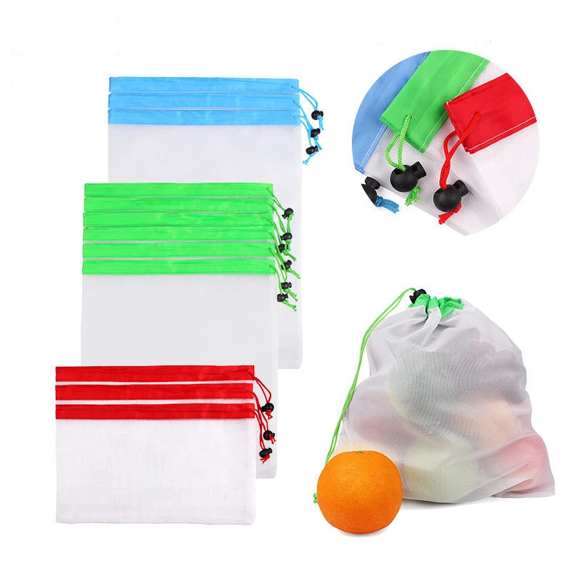 Reusable Cotton Mesh Produce Bags for Vegetable Fruit Food Kitchen Washable Grid Storage Bag Eco String bag Kitchen Organizer