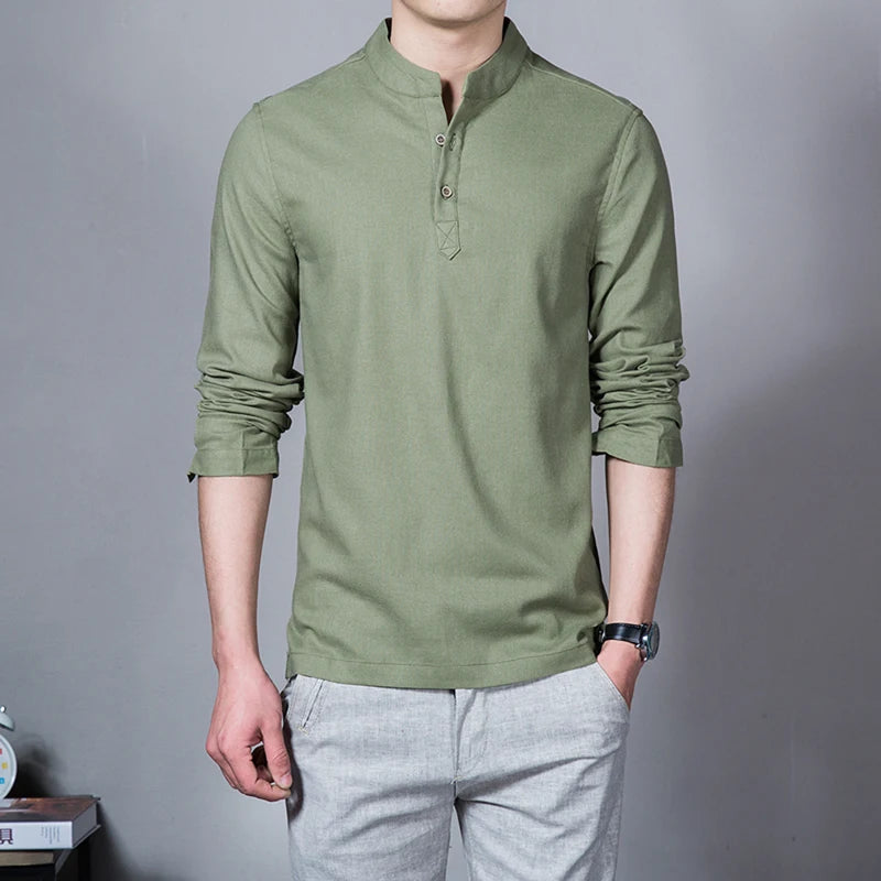 Men's Clothing  Men Spring Tops & Tees Male Fashion T-Shirts Stand Collar Long-sleeved Slim Base Shirt Homme Linen t-shirt - The world bestselling 