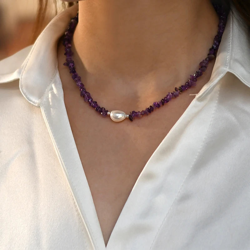 ASHIQI 925 Sterling Silver Natural Baroque Pearl Necklace Irregular Crystal Stone Color for Women Party  Jewelry