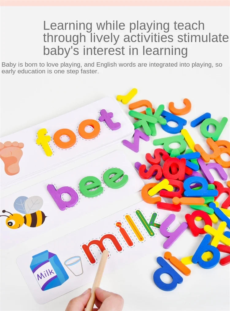 52pcs English Alphabet Spelling Word Wooden Educational Toys for Kids Baby Puzzles Montessori Games with 28pcs Learning Cards