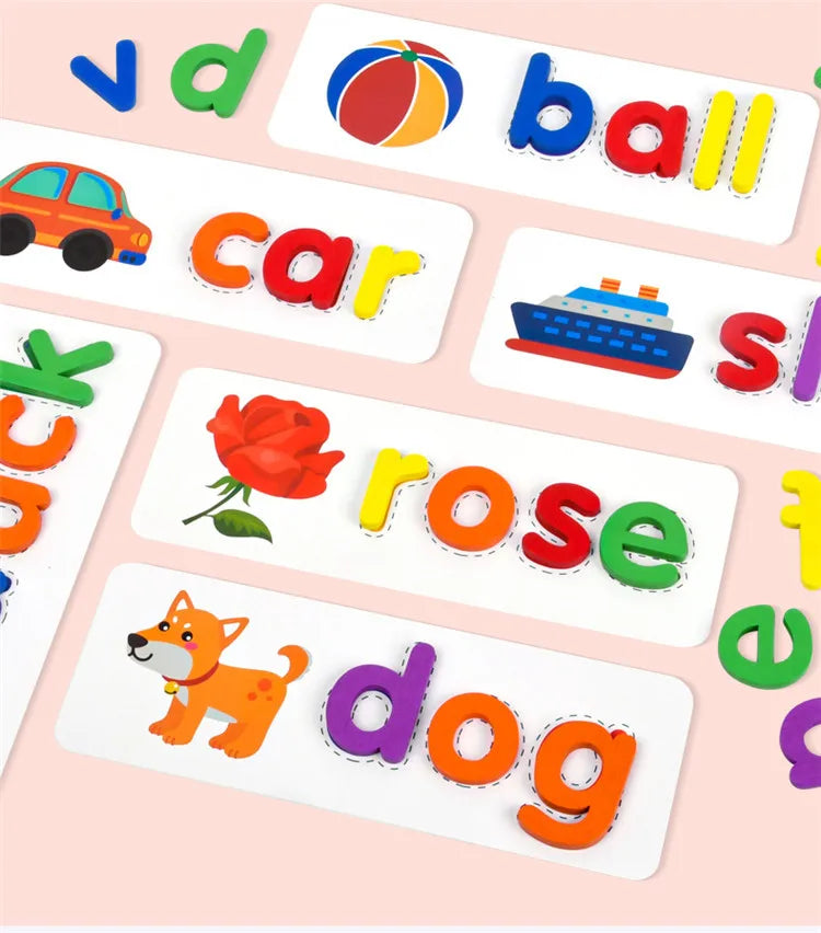 52pcs English Alphabet Spelling Word Wooden Educational Toys for Kids Baby Puzzles Montessori Games with 28pcs Learning Cards