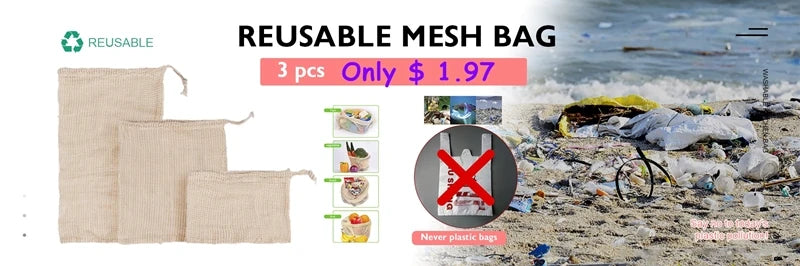 Reusable Cotton Mesh Produce Bags for Vegetable Fruit Food Kitchen Washable Grid Storage Bag Eco String bag Kitchen Organizer