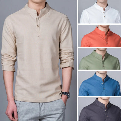Men's Clothing  Men Spring Tops & Tees Male Fashion T-Shirts Stand Collar Long-sleeved Slim Base Shirt Homme Linen t-shirt - The world bestselling 