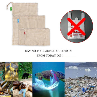 Reusable Cotton Mesh Produce Bags for Vegetable Fruit Food Kitchen Washable Grid Storage Bag Eco String bag Kitchen Organizer