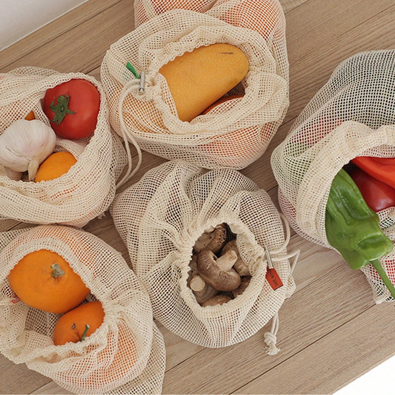 Reusable Cotton Mesh Produce Bags for Vegetable Fruit Food Kitchen Washable Grid Storage Bag Eco String bag Kitchen Organizer