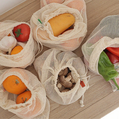 Reusable Cotton Mesh Produce Bags for Vegetable Fruit Food Kitchen Washable Grid Storage Bag Eco String bag Kitchen Organizer