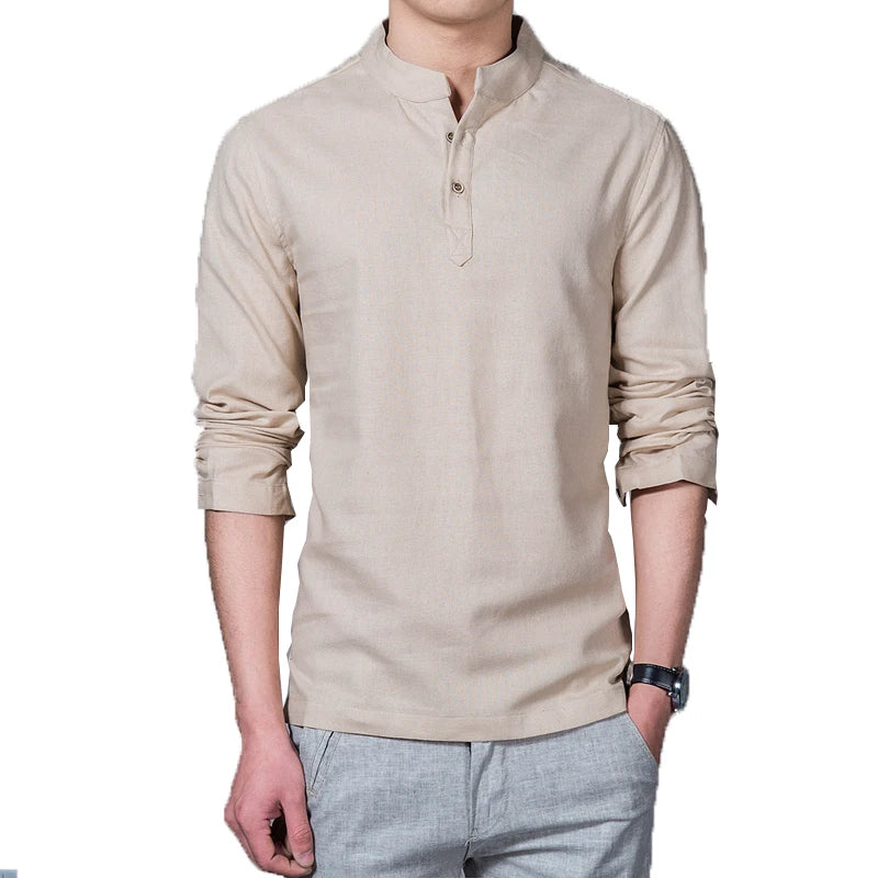 Men's Clothing  Men Spring Tops & Tees Male Fashion T-Shirts Stand Collar Long-sleeved Slim Base Shirt Homme Linen t-shirt - The world bestselling 