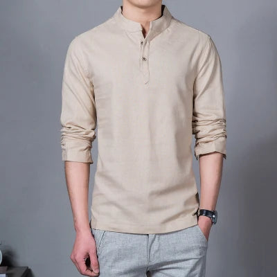 Men's Clothing  Men Spring Tops & Tees Male Fashion T-Shirts Stand Collar Long-sleeved Slim Base Shirt Homme Linen t-shirt - The world bestselling 