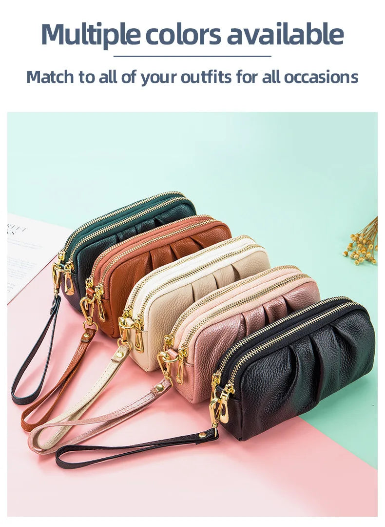 Genuine Leather Women Wallets Multifunction Large capacity Purses Long Zip Wrist bag Money Coin Holder Female phone Purse