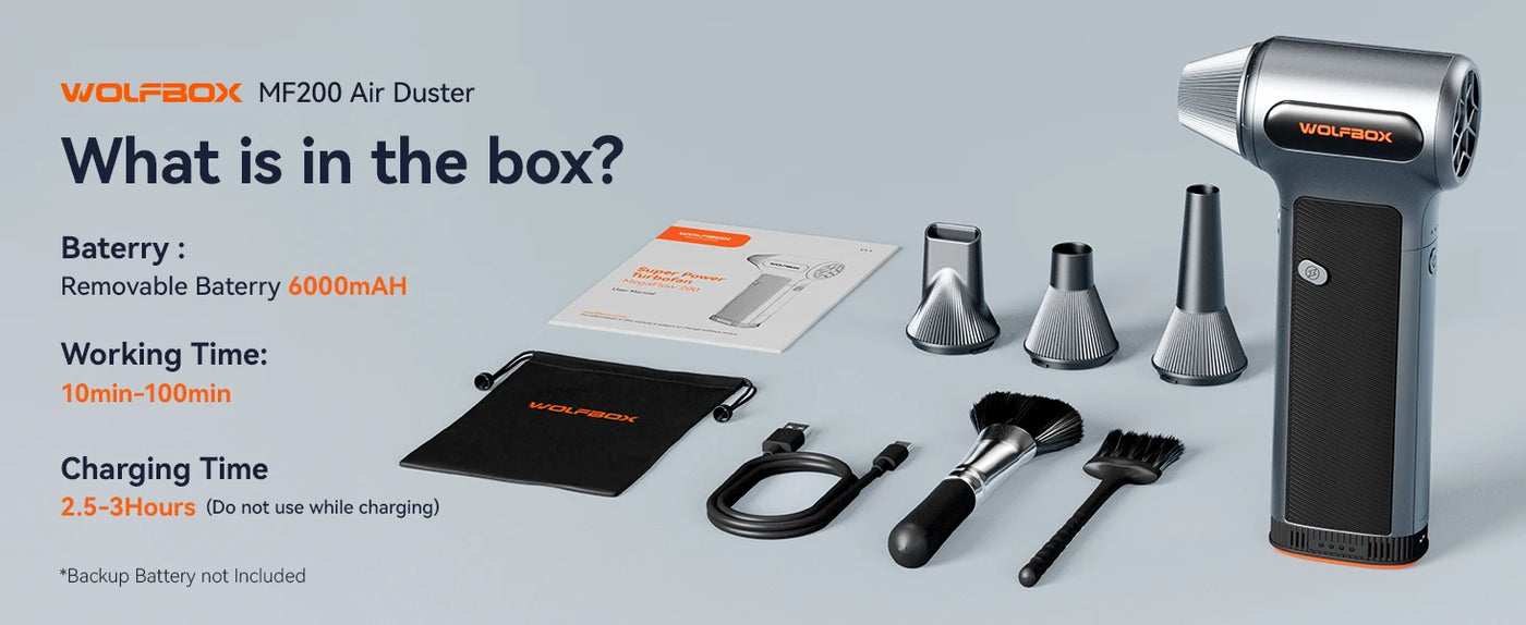 WOLFBOX MF200 Electric Air Duster Air Blower-320g Wind Pressure, Rechargeable 3-Gear Brushless Motor for Car/PC/Home/Outdoor