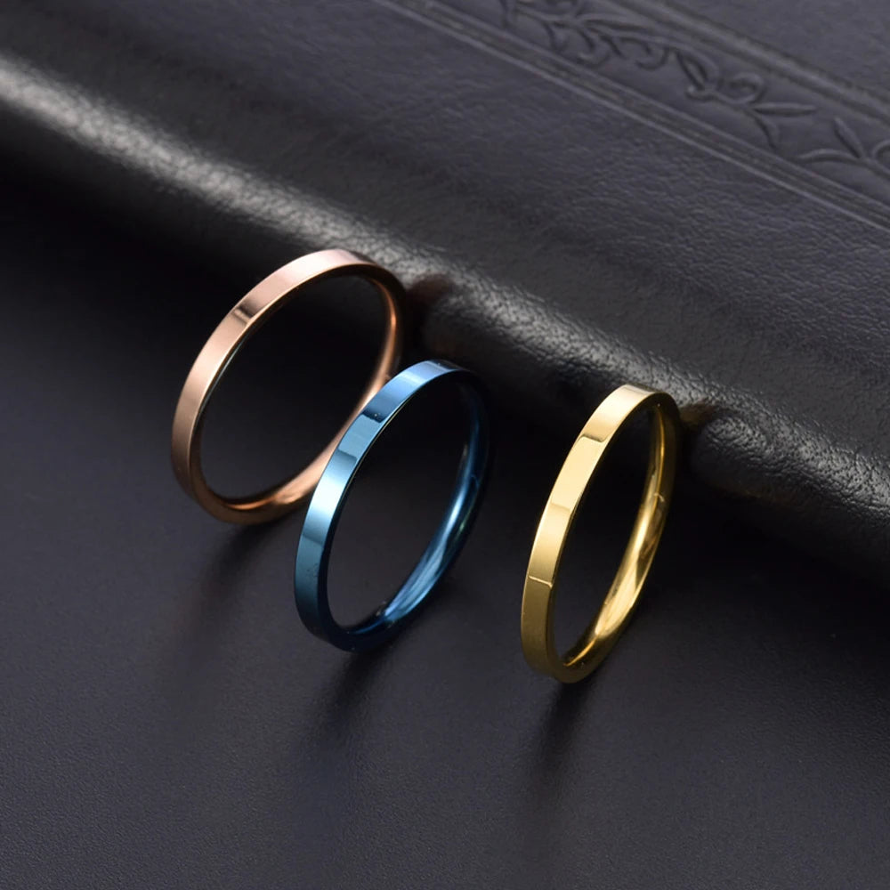 Korean Couple Rings for Women & Men Titanium Steel 2mm Thin Band Minimalist Jewelry Polished Smooth Stackable Matching Rings