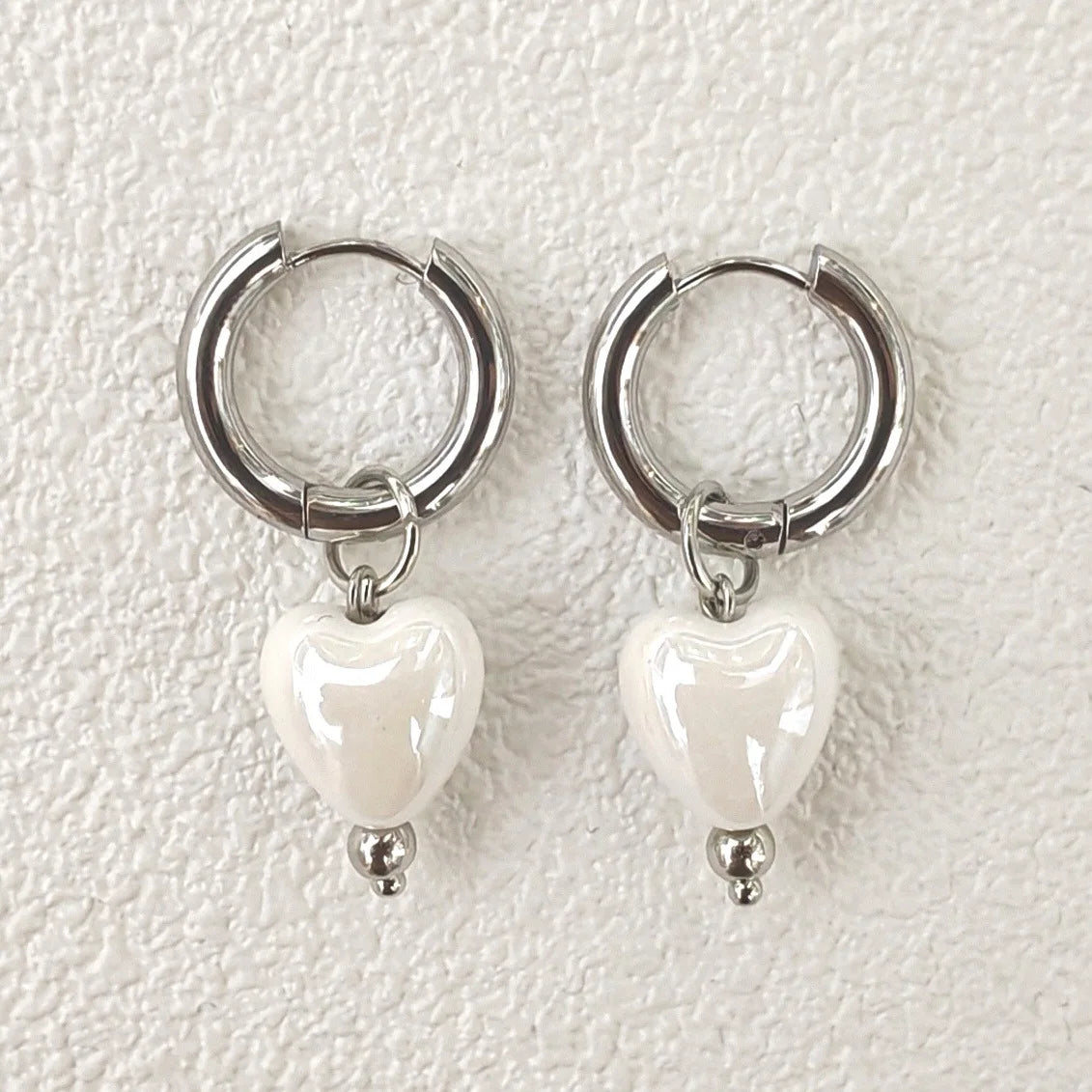 Stylish Elegant Sweet Biue Ceramic Heart Shape Pendant Earrings for Women Stainless Steel Double Ring Ear Cuffs Charm Jewelry