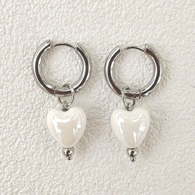 Stylish Elegant Sweet Biue Ceramic Heart Shape Pendant Earrings for Women Stainless Steel Double Ring Ear Cuffs Charm Jewelry