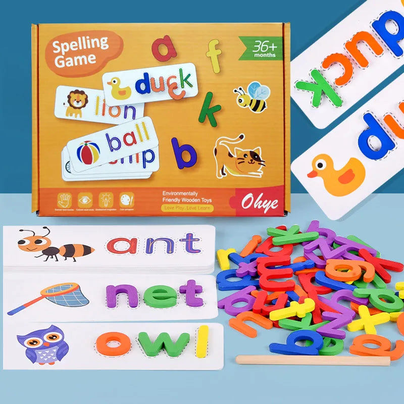 52pcs English Alphabet Spelling Word Wooden Educational Toys for Kids Baby Puzzles Montessori Games with 28pcs Learning Cards