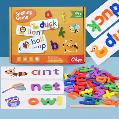 52pcs English Alphabet Spelling Word Wooden Educational Toys for Kids Baby Puzzles Montessori Games with 28pcs Learning Cards