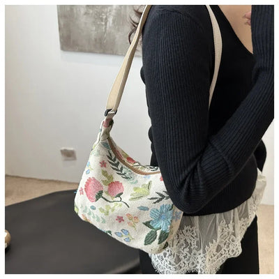 Women Small Underarm Bag Chinese Style Shoulder Bag Versatile Literary Prints Cloth Crescent Pack Portable Women's Handbags