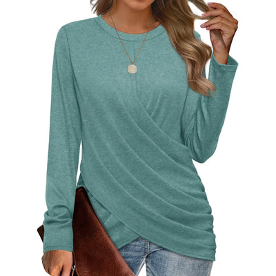 Women's Clothing 2024 Autumn Winter New Solid Color T-shirt Casual Round Neck Cross Pleated Loose Long Sleeved Top - The world bestselling 