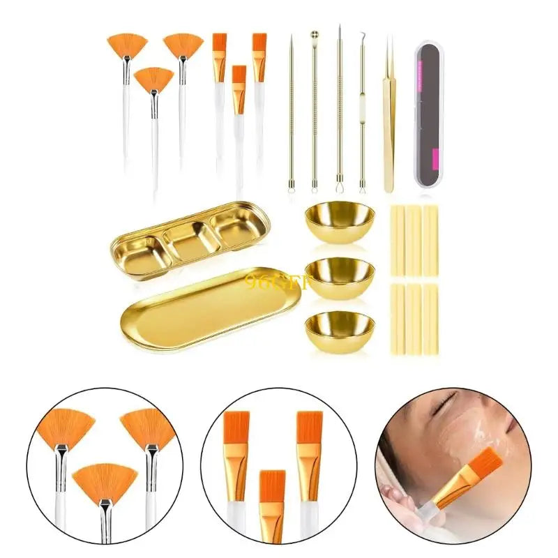 96GF 29Pcs Esthetician Supplies 6 Blackhead Remover Tools 3 Stainless Steel Gold Mixing Bowls 3 Compartment Serving Tray