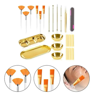 96GF 29Pcs Esthetician Supplies 6 Blackhead Remover Tools 3 Stainless Steel Gold Mixing Bowls 3 Compartment Serving Tray