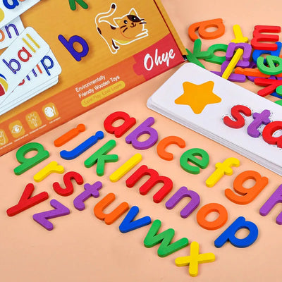 52pcs English Alphabet Spelling Word Wooden Educational Toys for Kids Baby Puzzles Montessori Games with 28pcs Learning Cards