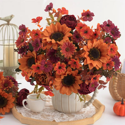 5pcs autumn artificial sunflowers, peonies & daisy. Great for home room wedding  Thanksgiving, Halloween，Indoor，outdoor decor