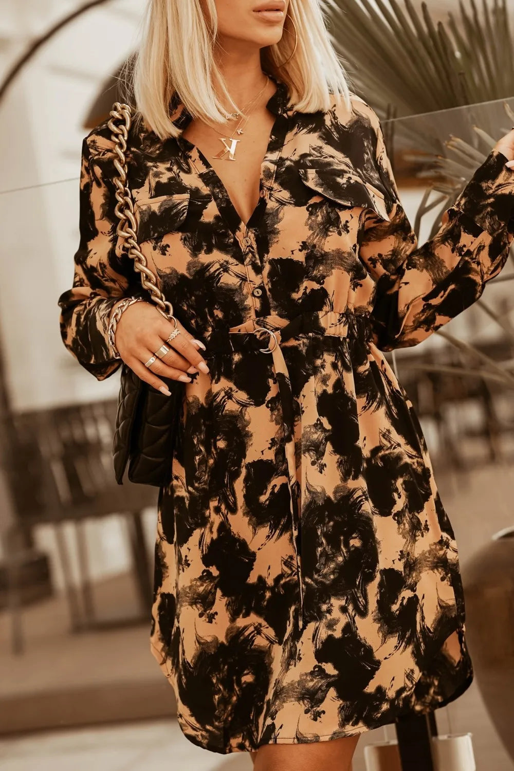 Women's Clothing  Spring and Summer  Commuter Waist Collection V-Neck Tie Long Sleeve Printed Pullover Shirt Dress - The world bestselling 