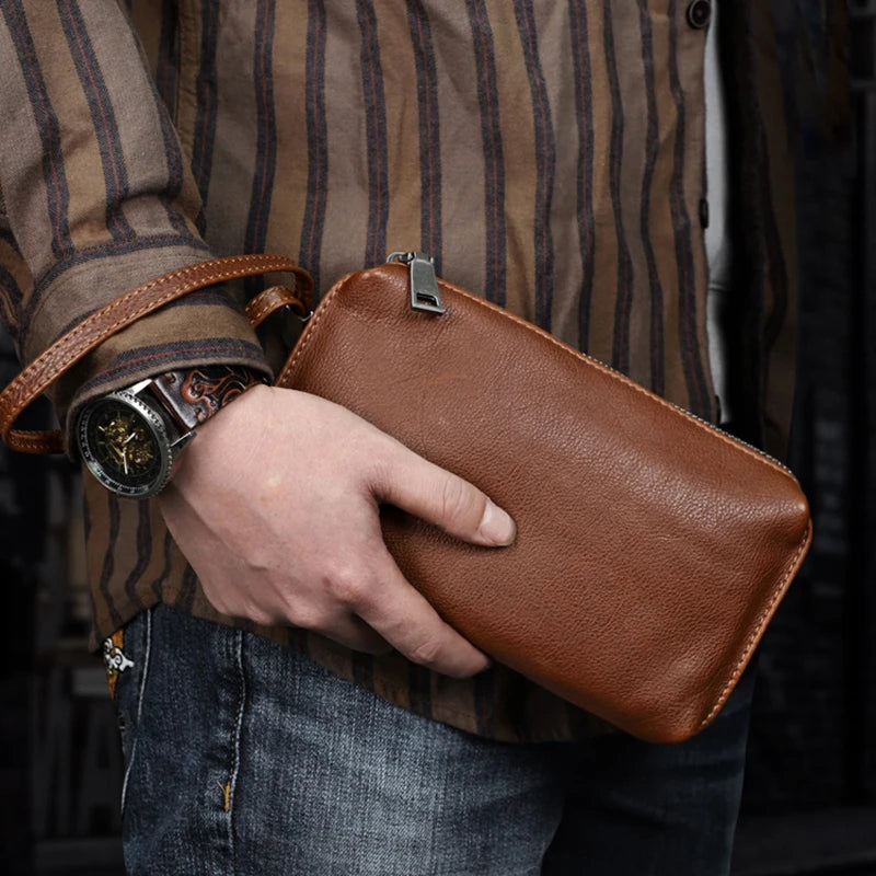 ROOG Men's Genuine Leather Clutch High Quality Long Wallet Women's Luxury Mobile Phone Bag Credit Card Holder Purse Wrist Bags