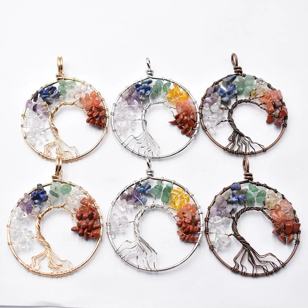 Wholesale 6pcs/lot new mixed natural stone Tree of life gold color wire wrapped Pendants 50mm for jewelry marking free shipping