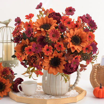 5pcs autumn artificial sunflowers, peonies & daisy. Great for home room wedding  Thanksgiving, Halloween，Indoor，outdoor decor
