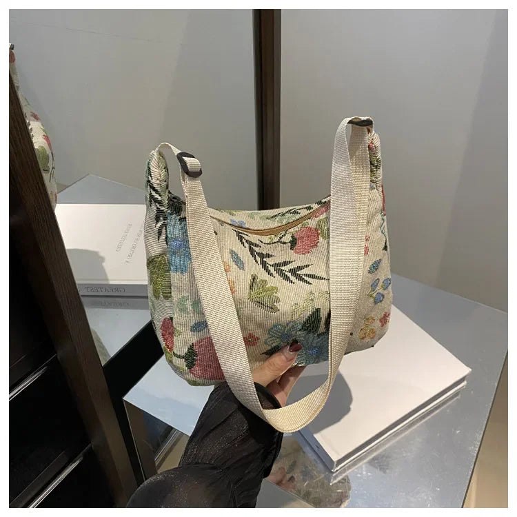 Women Small Underarm Bag Chinese Style Shoulder Bag Versatile Literary Prints Cloth Crescent Pack Portable Women's Handbags