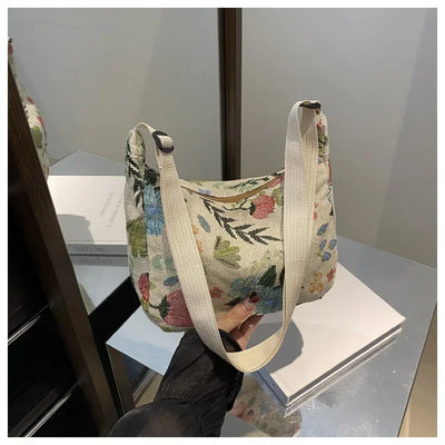 Women Small Underarm Bag Chinese Style Shoulder Bag Versatile Literary Prints Cloth Crescent Pack Portable Women's Handbags