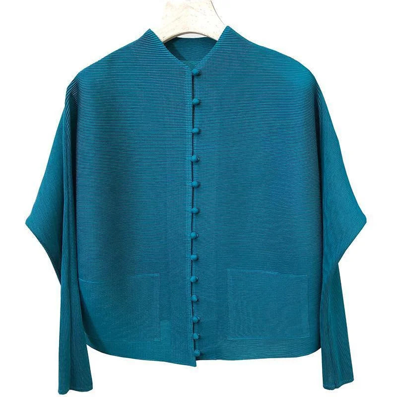 Woman Clothing T-shirt Bat Sleeves Loose and Pleated Small Jacket Women's Single-breasted Pocket Design Pleated Semi-Turtleneck - The world bestselling 