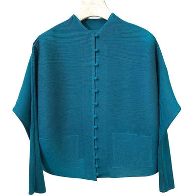 Woman Clothing T-shirt Bat Sleeves Loose and Pleated Small Jacket Women's Single-breasted Pocket Design Pleated Semi-Turtleneck - The world bestselling 