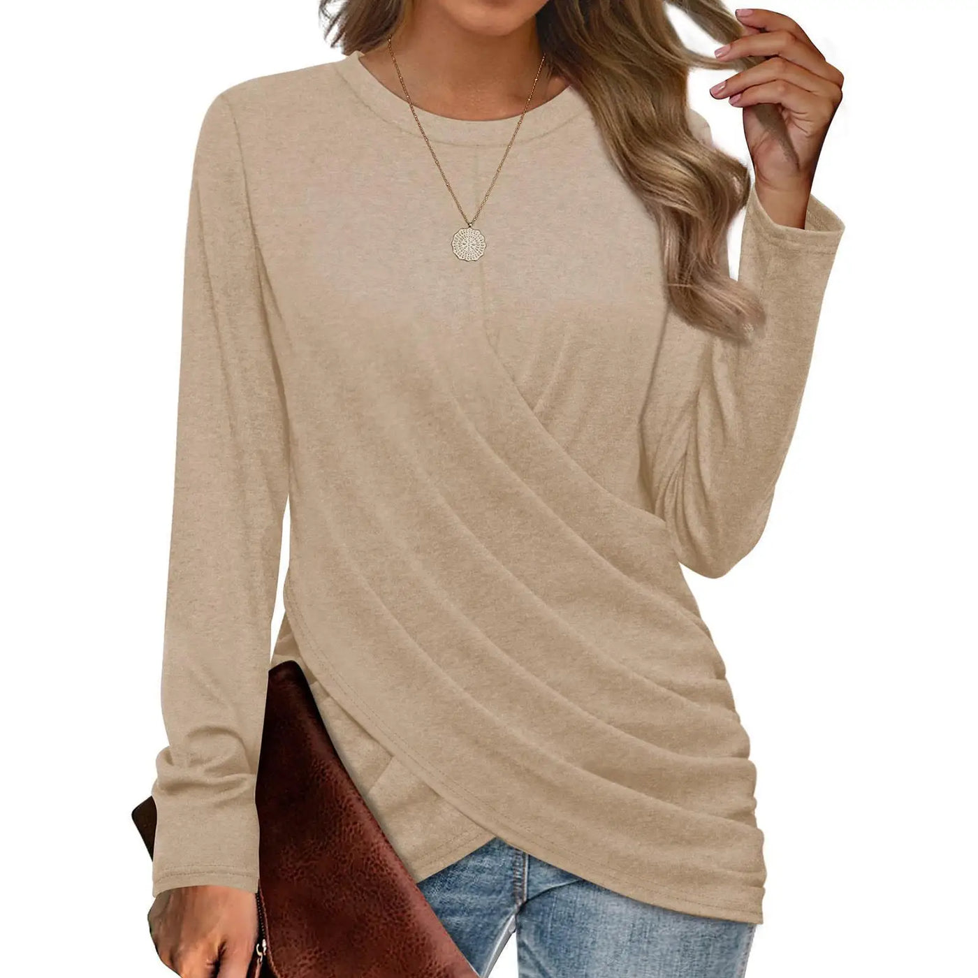 Women's Clothing 2024 Autumn Winter New Solid Color T-shirt Casual Round Neck Cross Pleated Loose Long Sleeved Top - The world bestselling 