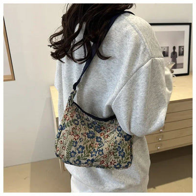 Women Small Underarm Bag Chinese Style Shoulder Bag Versatile Literary Prints Cloth Crescent Pack Portable Women's Handbags