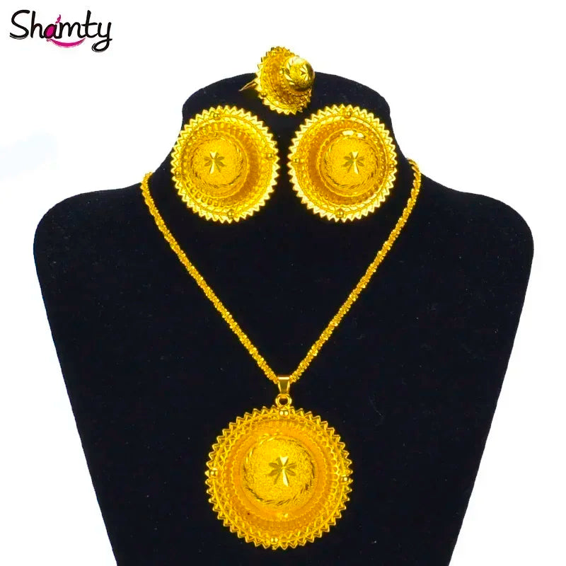 Shamty Hot Ethiopian Bridal Jewelry Sets African Nigeria Sudan Eritrea Kenya Pure Gold Color Habasha Style Wedding Sets D30019