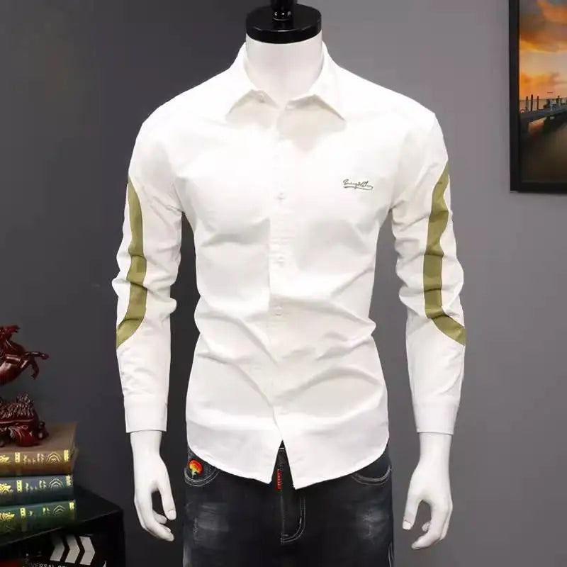 Men's Clothing Korean Fashion Contrast Color Lapel All Match Shirt Spring Autumn Casual Long Sleeve Slim Tops Camisas De Hombre - The world bestselling 