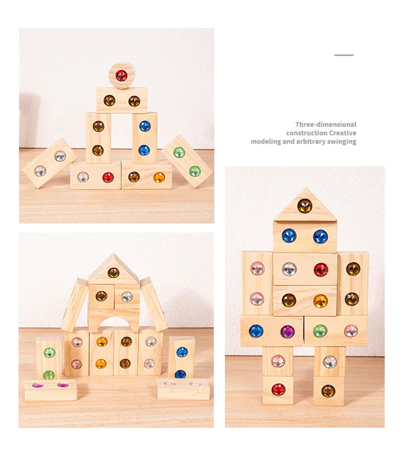 DIY Blocks Sparkling Acrylic Toy Kids Wooden Montessori Rainbow Gem Stacking Blocks Colorful Educational Wooden Creative Toys