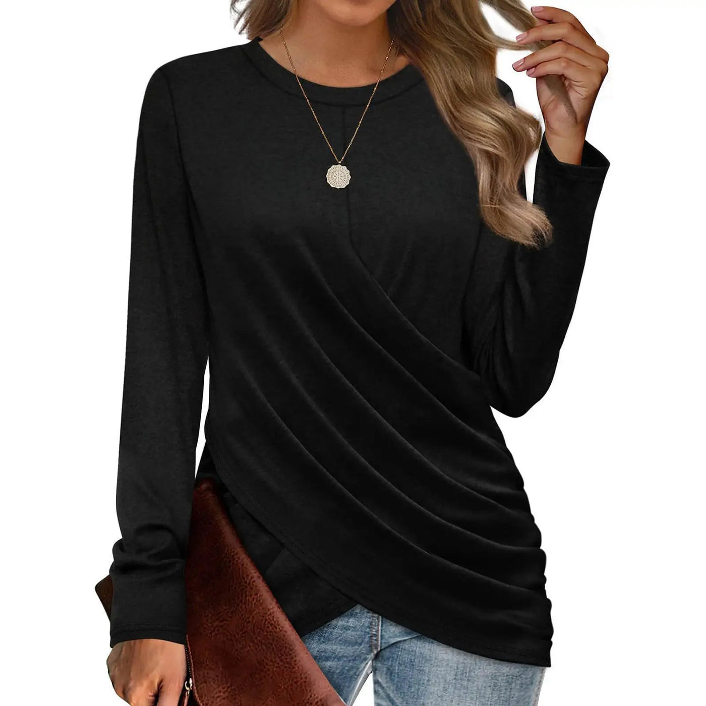 Women's Clothing 2024 Autumn Winter New Solid Color T-shirt Casual Round Neck Cross Pleated Loose Long Sleeved Top - The world bestselling 