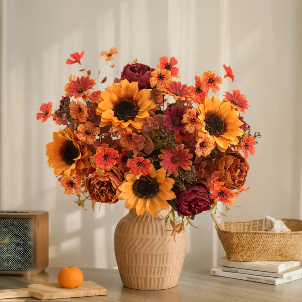 5pcs autumn artificial sunflowers, peonies & daisy. Great for home room wedding  Thanksgiving, Halloween，Indoor，outdoor decor