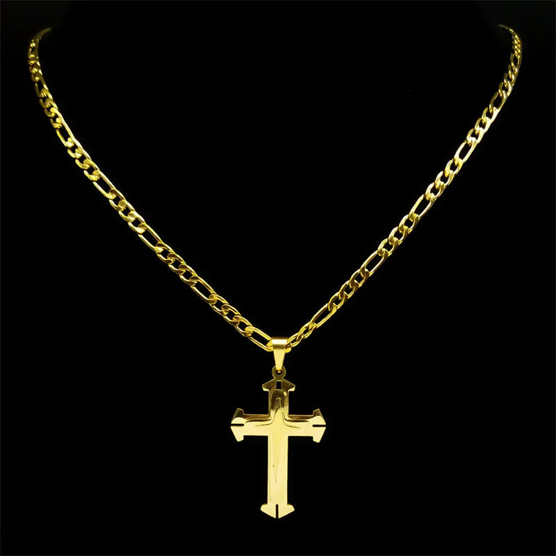 Christian Cross Pendant Necklace for Women Men Stainless Steel Gold Color Punk Religion Luxury Chain Jewery collar 8228-QKC