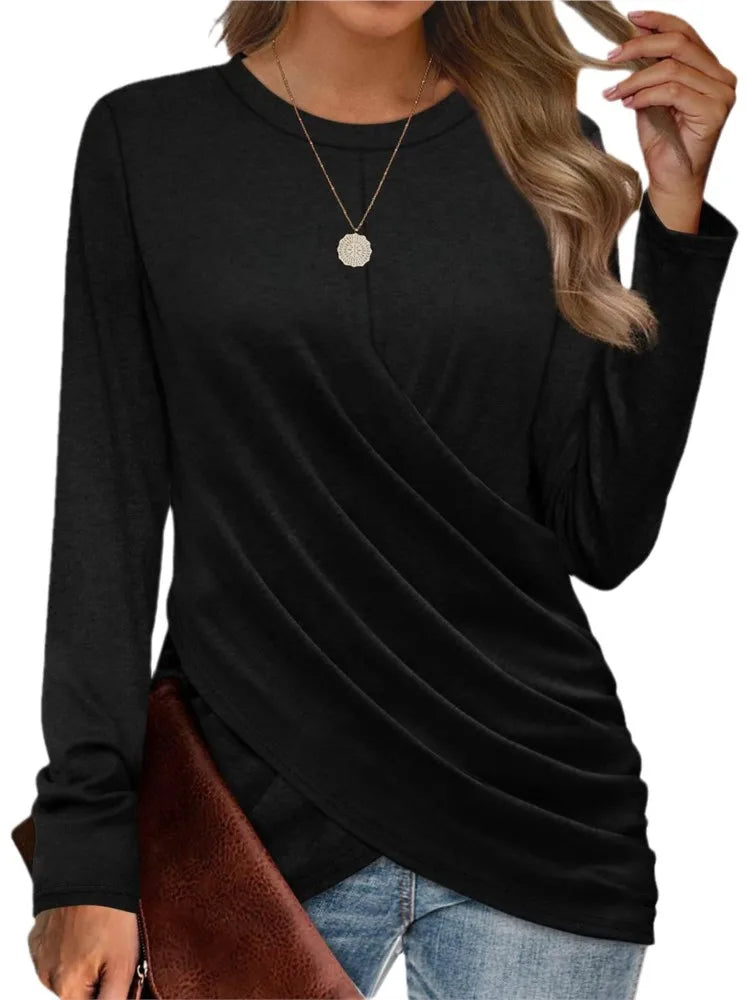 Women's Clothing 2024 Autumn Winter New Solid Color T-shirt Casual Round Neck Cross Pleated Loose Long Sleeved Top - The world bestselling 