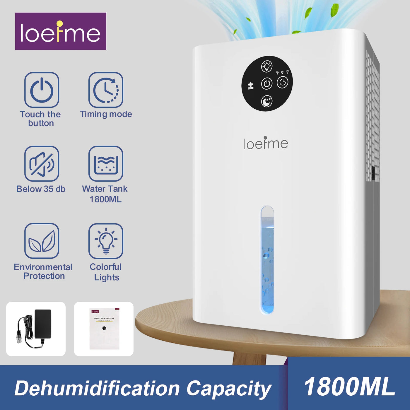 LOEFME Electric Dehumidifier 1800ml Tank, Quiet Dehumidifier for Home, with 6/8/10 Hour Timer for Bathroom, Kitchen, Living Area